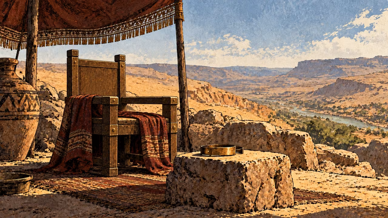 An empty plain chair stands with a metal circlet set aside.