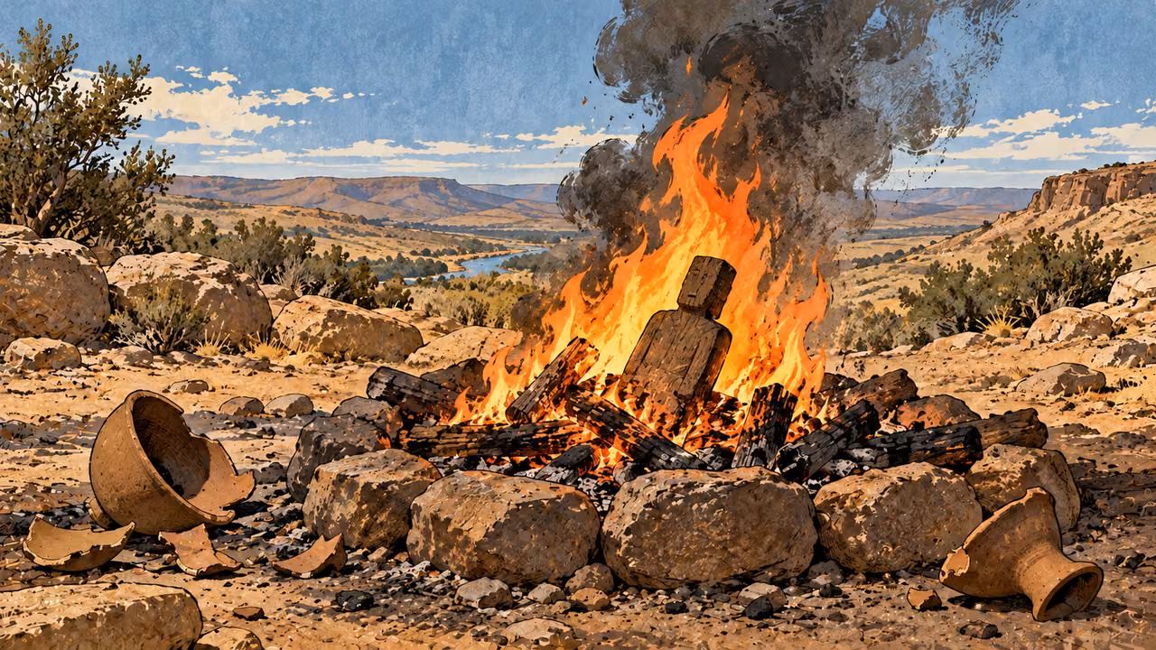 A small blank wooden form burns in a contained fire.