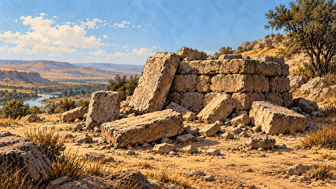 A rough stone altar stands partly dismantled among fallen stones.