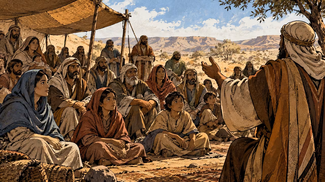 Anonymous adults and children listen beneath a simple canopy.