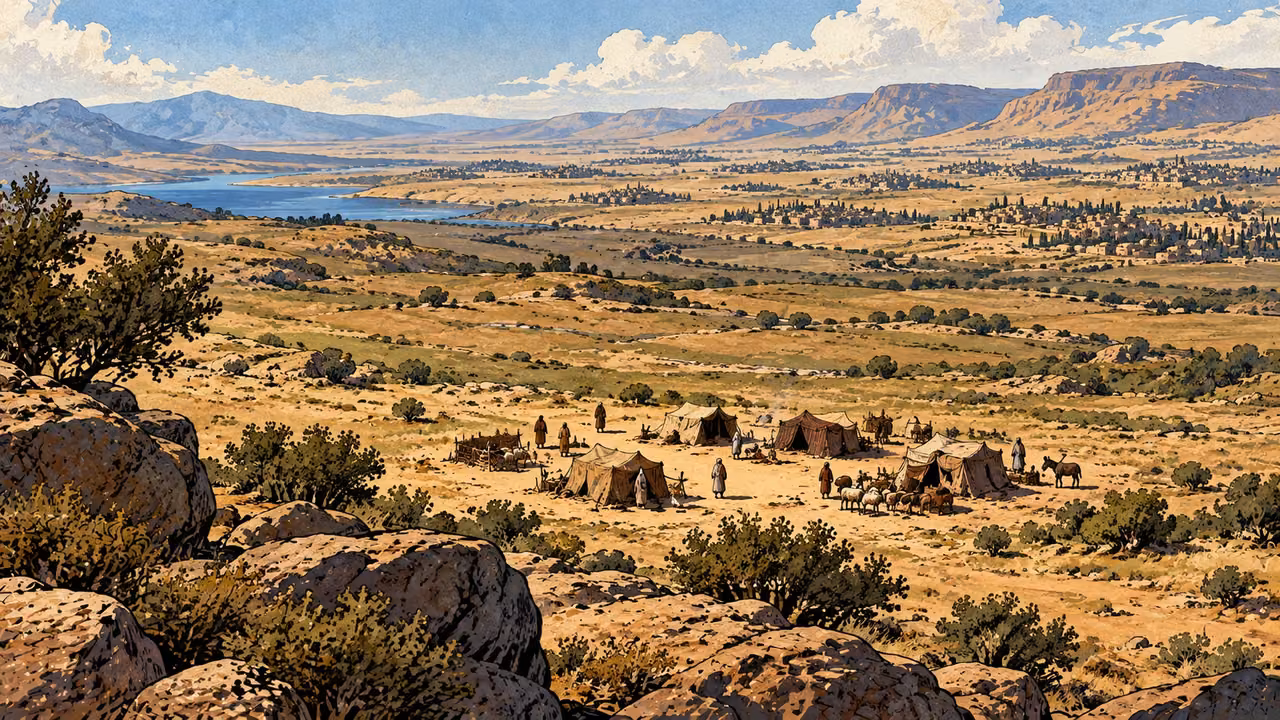 A small tent camp sits in an expansive inhabited valley.