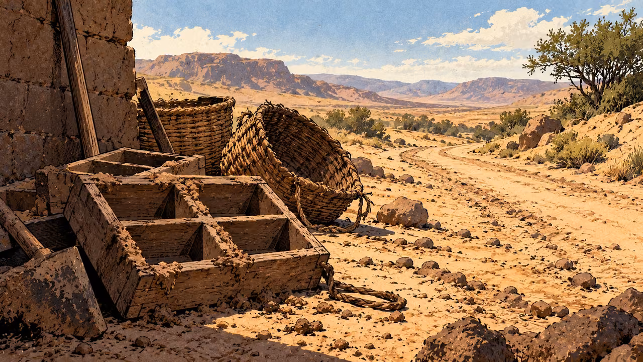 Unused brick molds and baskets sit beside an open road.