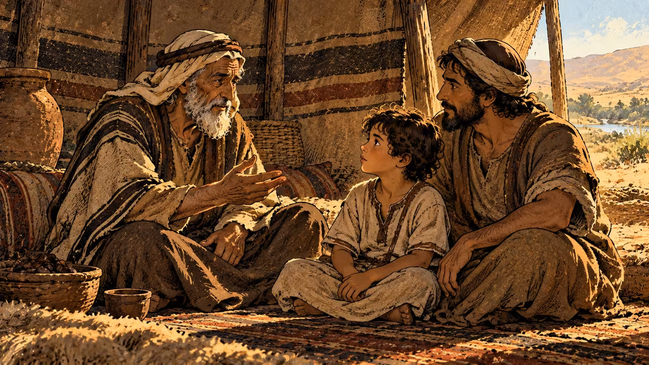 An elder, adult and child share attention inside a shelter.