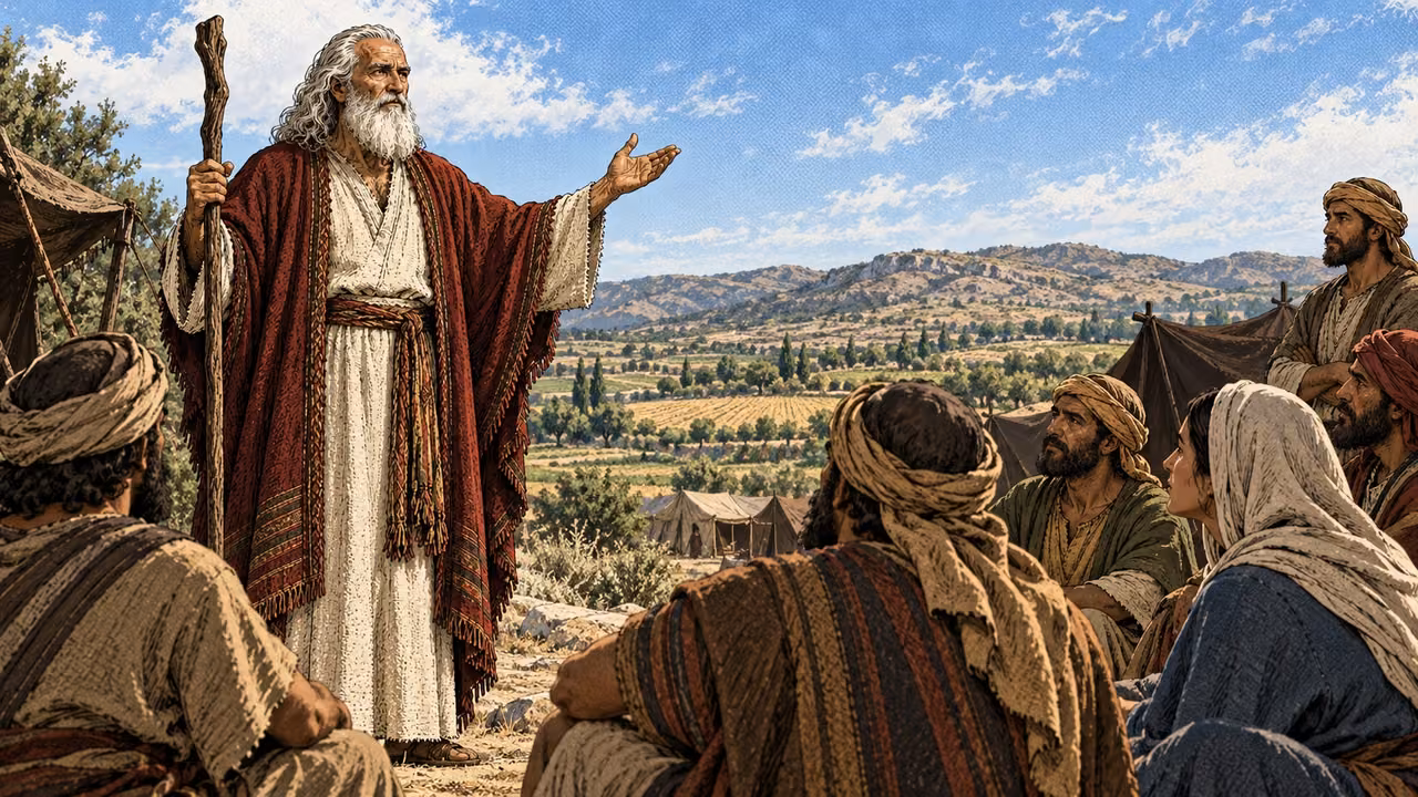 Moses teaches attentive listeners beside tents with cultivated hills beyond.