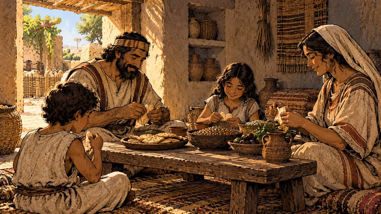 A household shares flatbread and bowls of food around a low table.