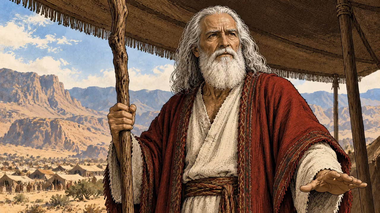 Moses holds his staff and extends a lowered hand beneath a canopy.