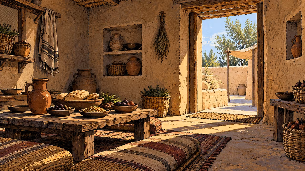 An unoccupied mudbrick room contains a full low table, cushions, and storage shelves.
