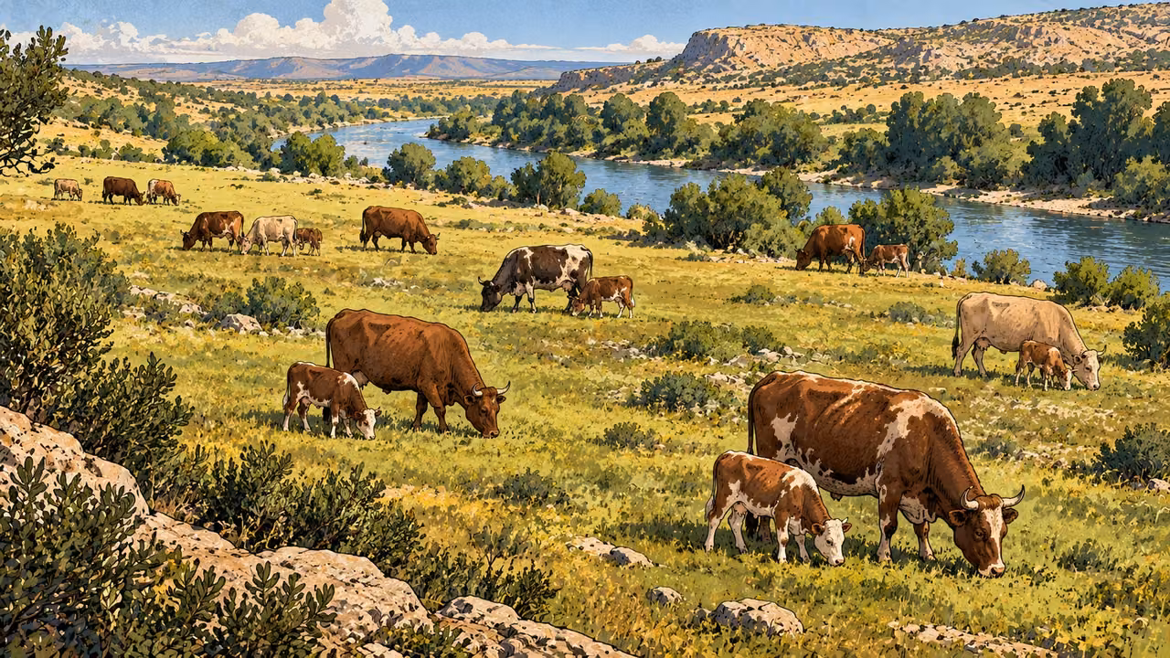 Cattle and calves graze across a broad pasture beside a river.