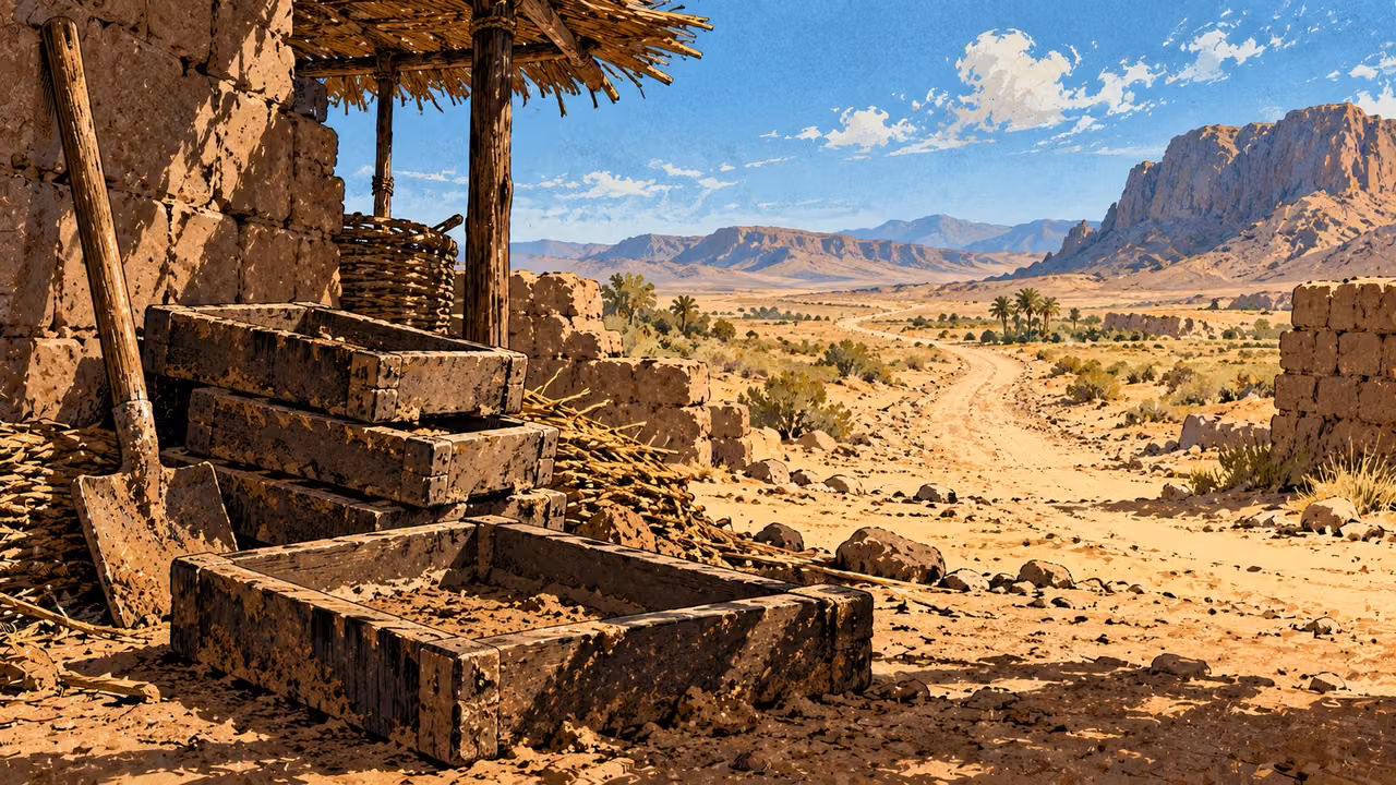Empty brick molds and a work tool lie beside a road into the wilderness.