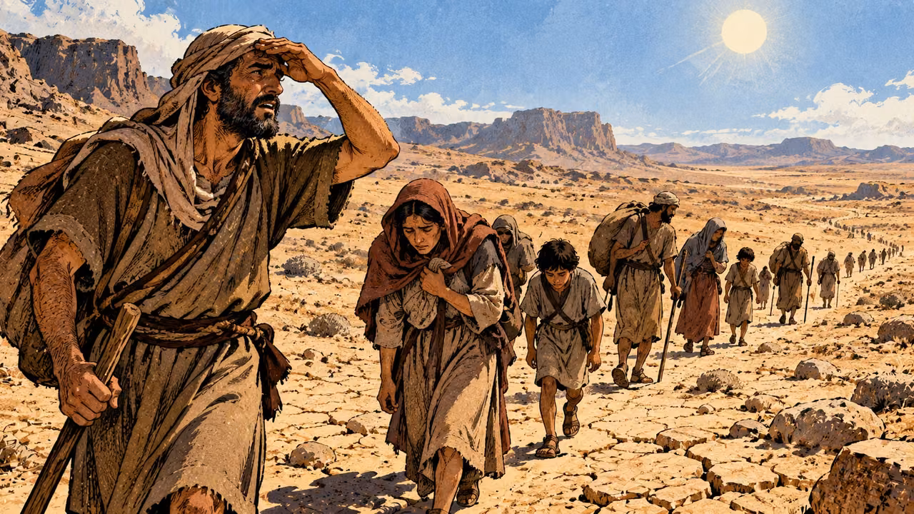 Travelers cross parched rocky ground beneath severe daylight.