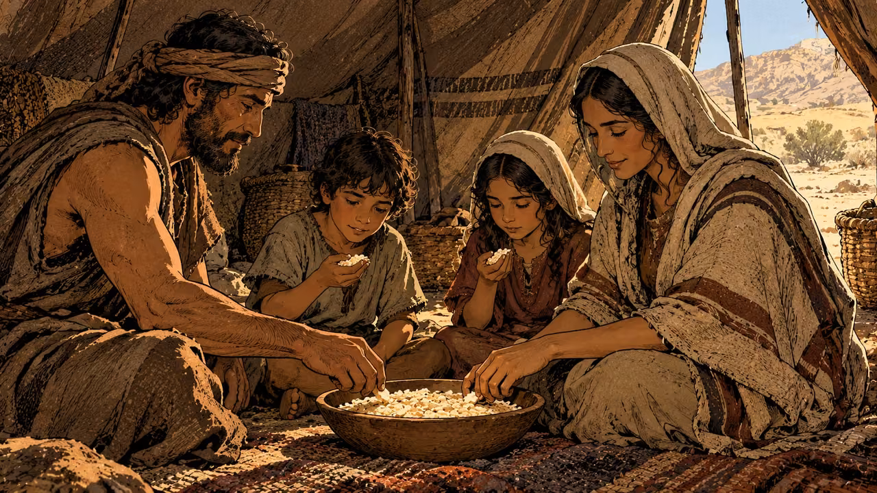 A family shares a shallow bowl of pale manna inside a wilderness tent.