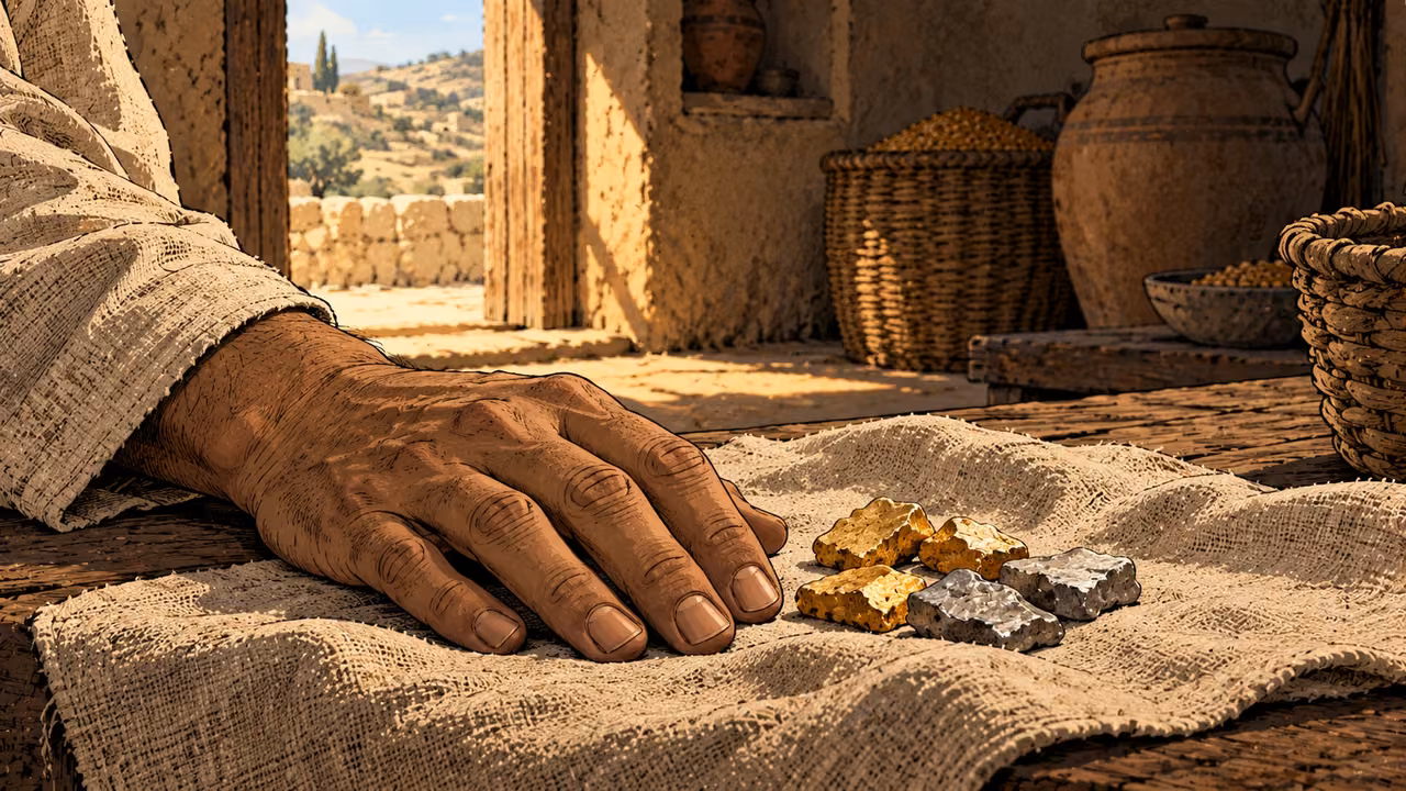A bare hand rests beside irregular silver and gold pieces on rough cloth.