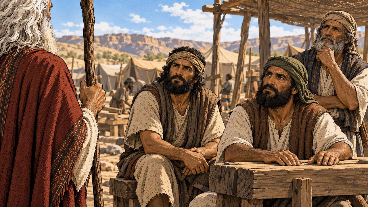 Listeners beside a workbench attend to Moses, seen from behind at the edge.