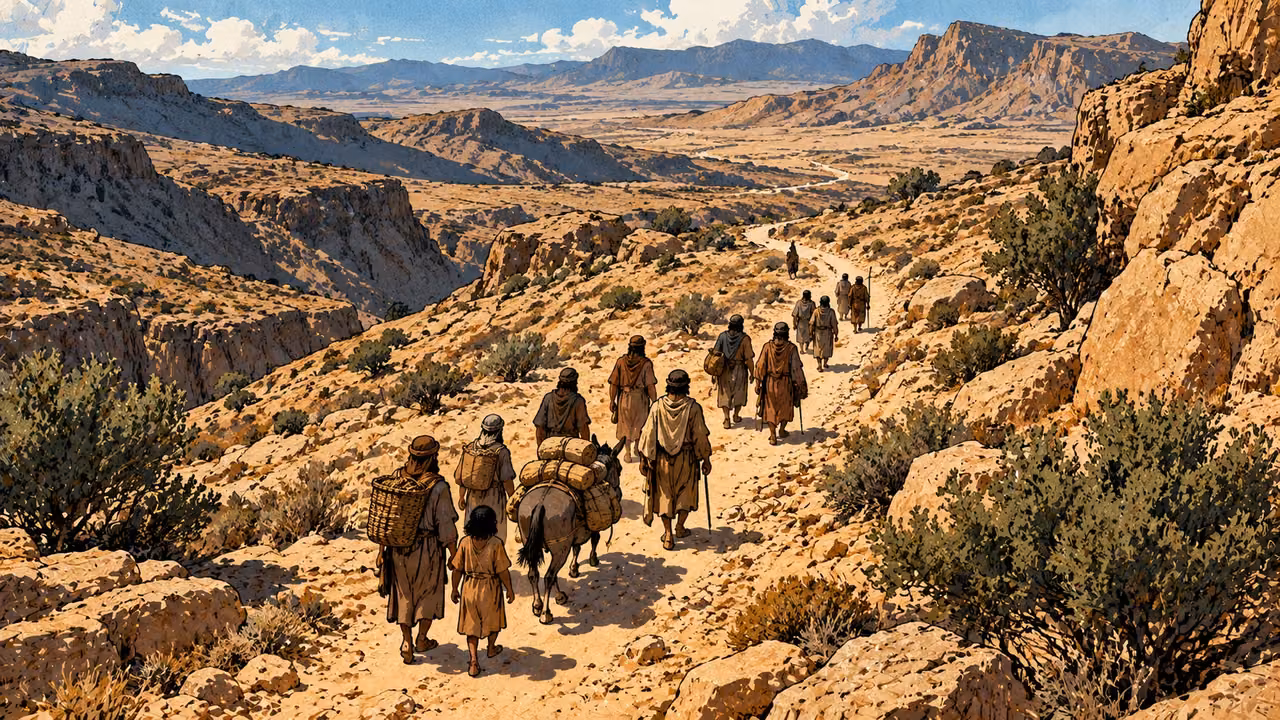 Anonymous travelers follow a winding path through an arid rocky wilderness.