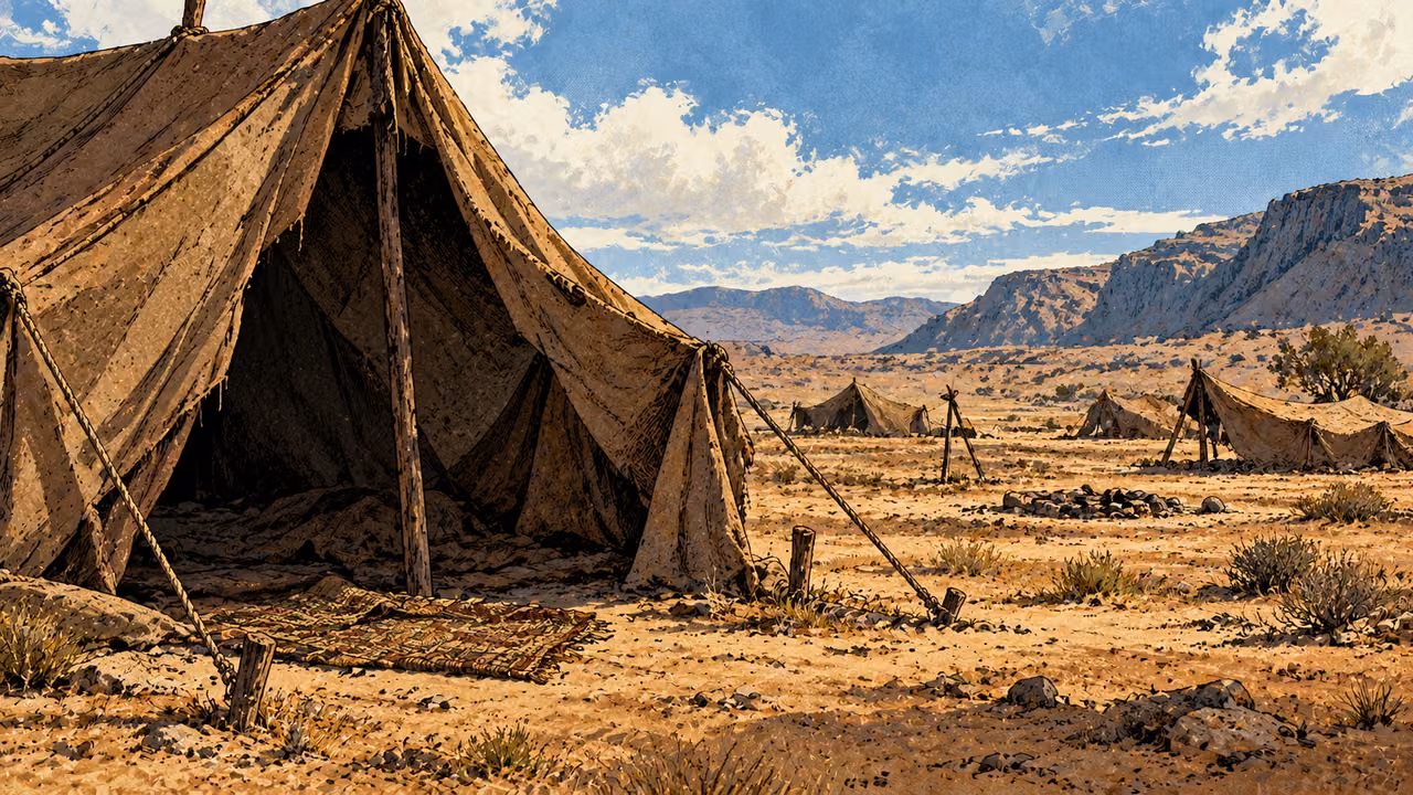A deserted camp contains sagging tents and an empty fire ring.