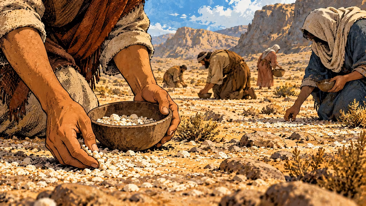 Hands gather pale manna into a plain bowl while other travelers gather nearby.