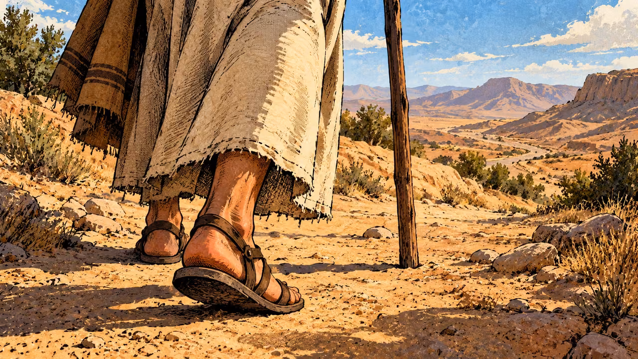 An intact robe hem and healthy sandaled feet on a wilderness path.