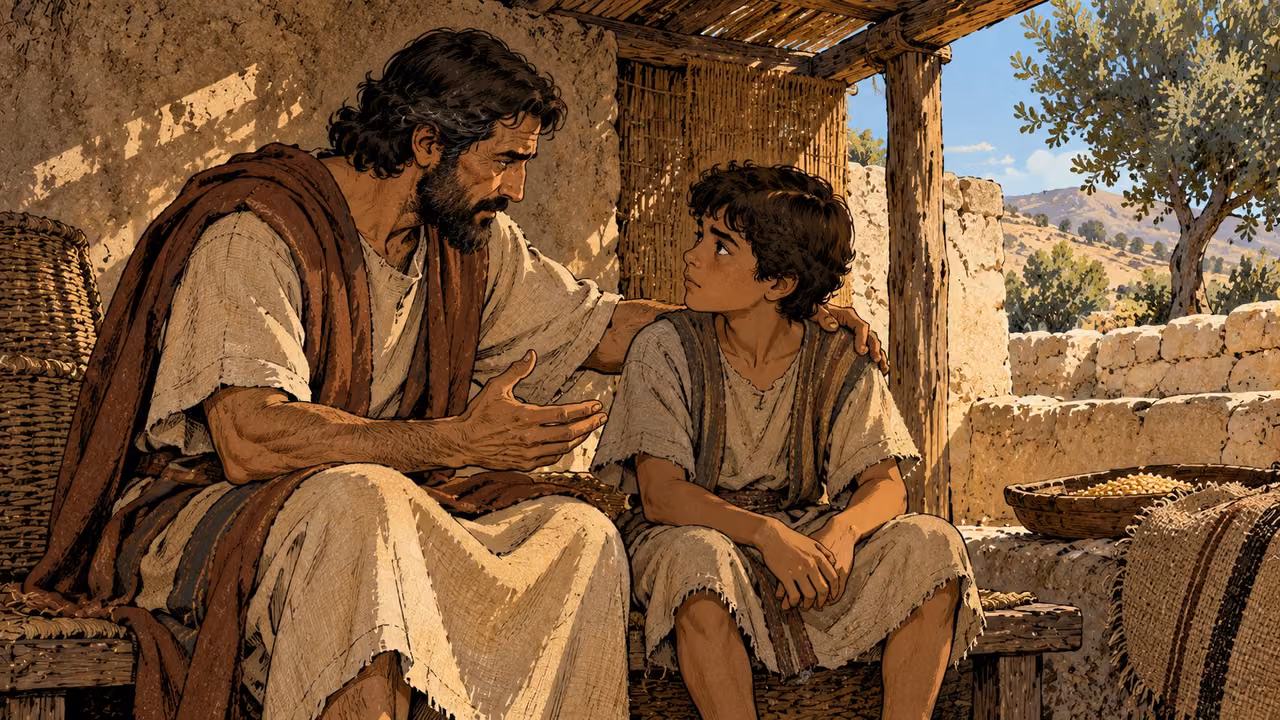A seated father counsels a boy beside him in a shaded shelter.