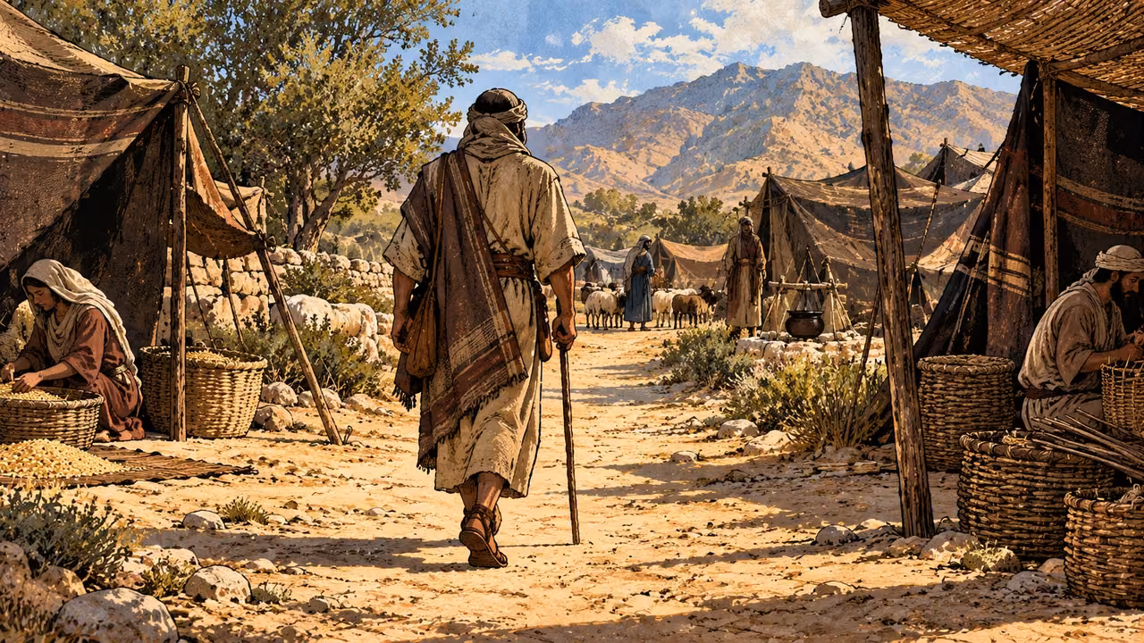 An anonymous traveler walks through a tent camp along a clear path.