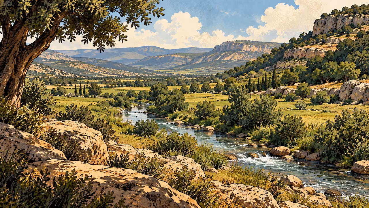 A stream winds through a green valley between wooded hill slopes.