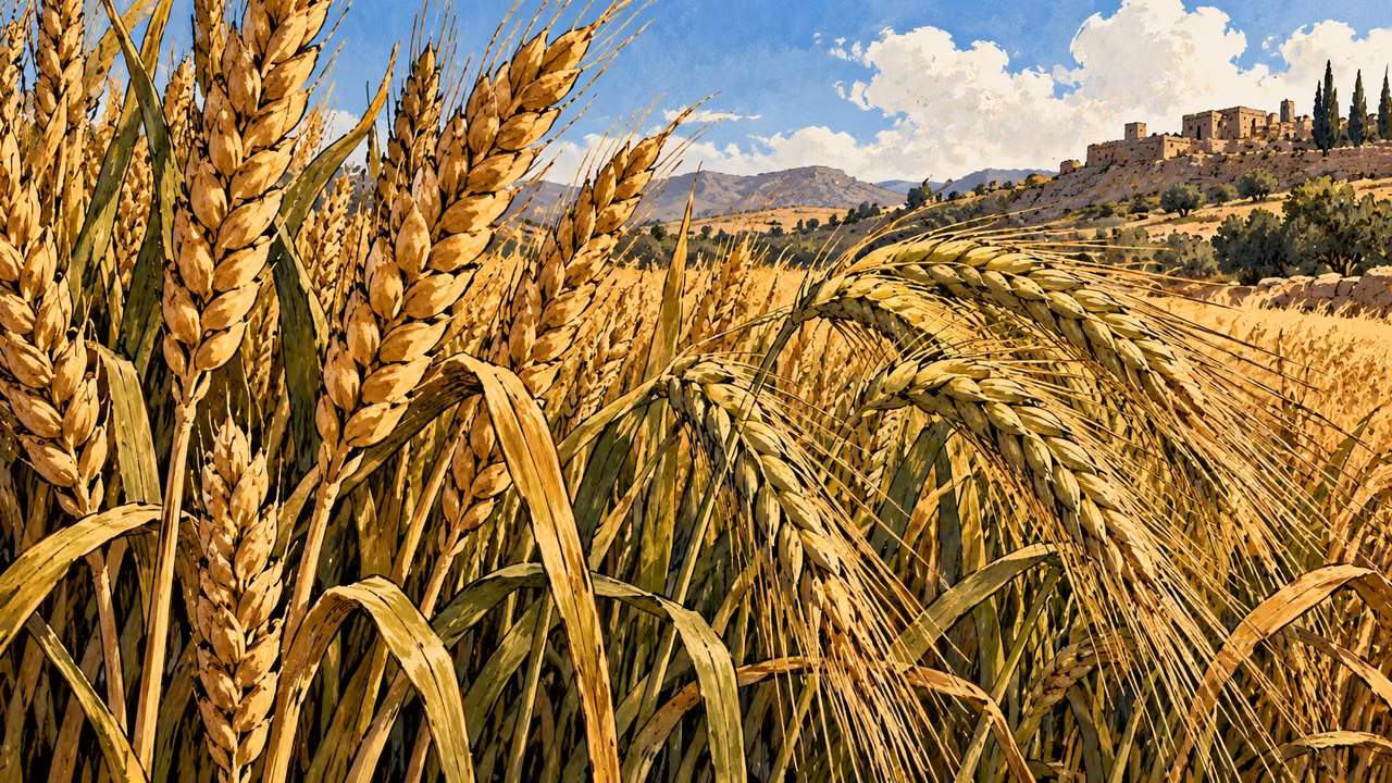 Ripe wheat and long-awned barley fill the foreground of a grain field.