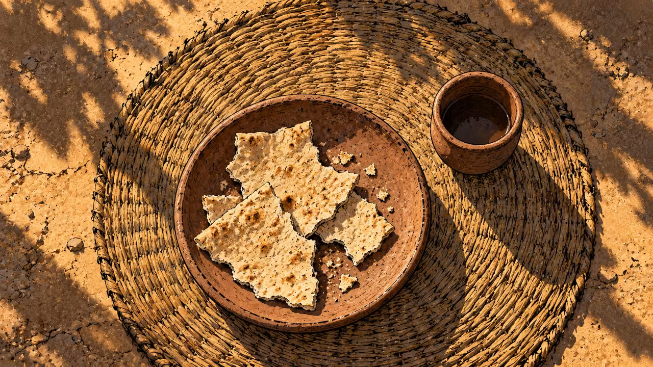 Torn flatbread pieces and a plain cup rest on a reed mat.