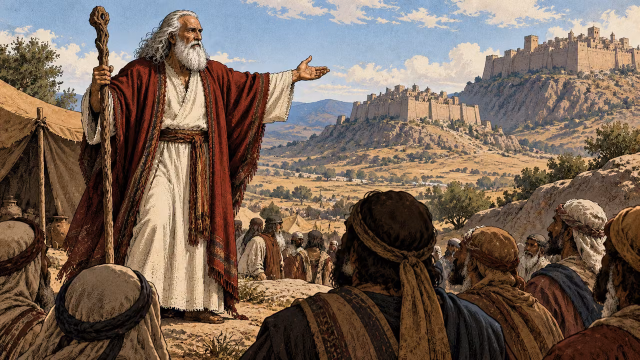 Moses teaches listeners with distant fortified hill settlements beyond.