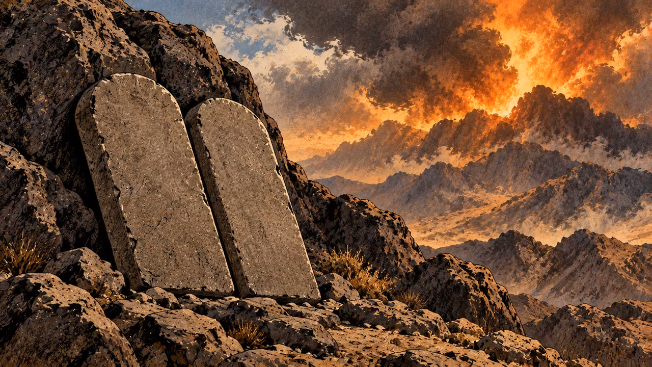 Two rough stone tablets rest against dark rock with mountain fire beyond.