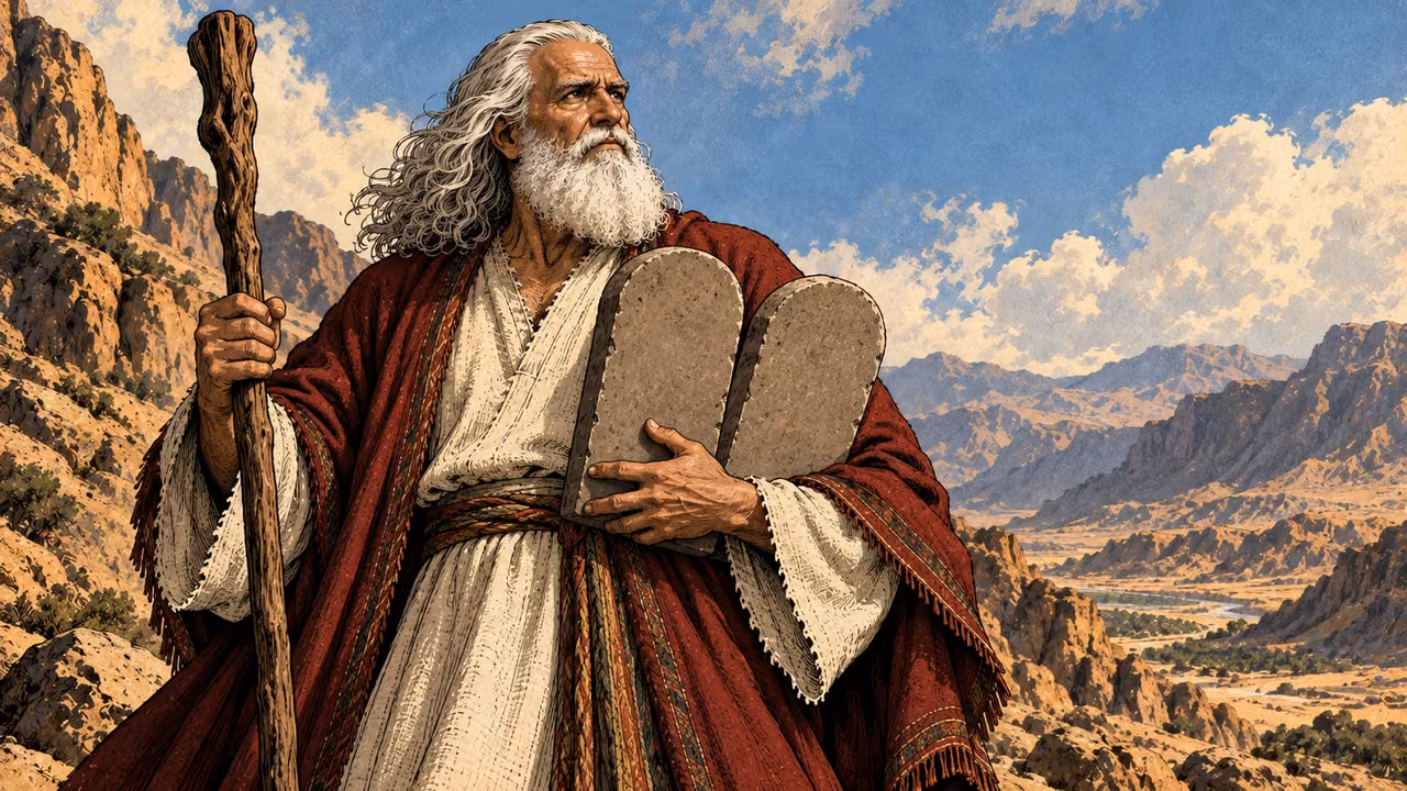 Moses holds two rough stone tablets against his robe.