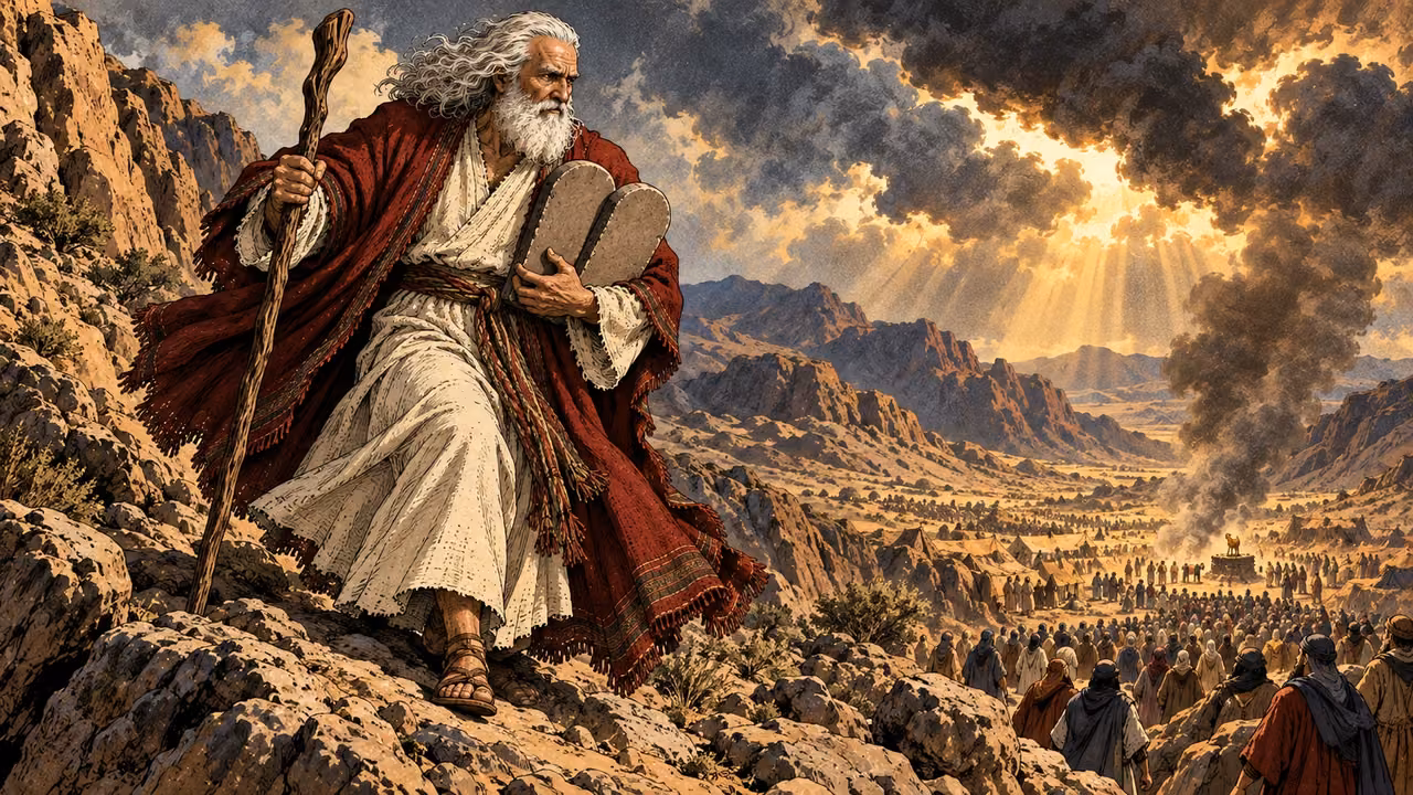 Moses turns downhill carrying the tablets above a distant camp.