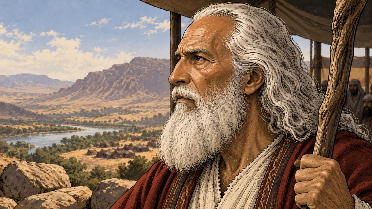 Moses looks across camp in a close left-facing profile.