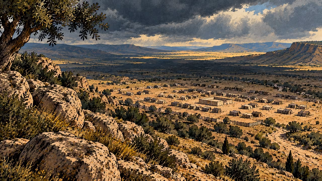An empty camp lies beneath cloud shadow, viewed from a ridge.