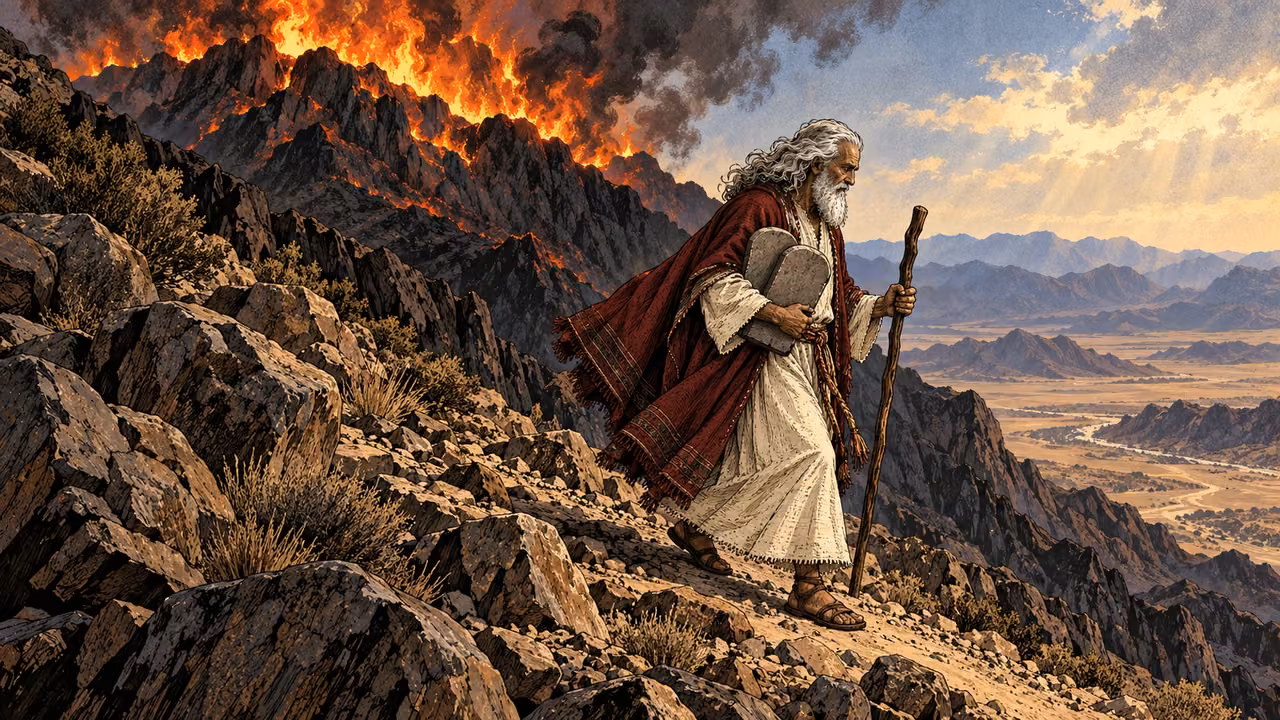 Moses carries the tablets down a trail away from the burning mountain.