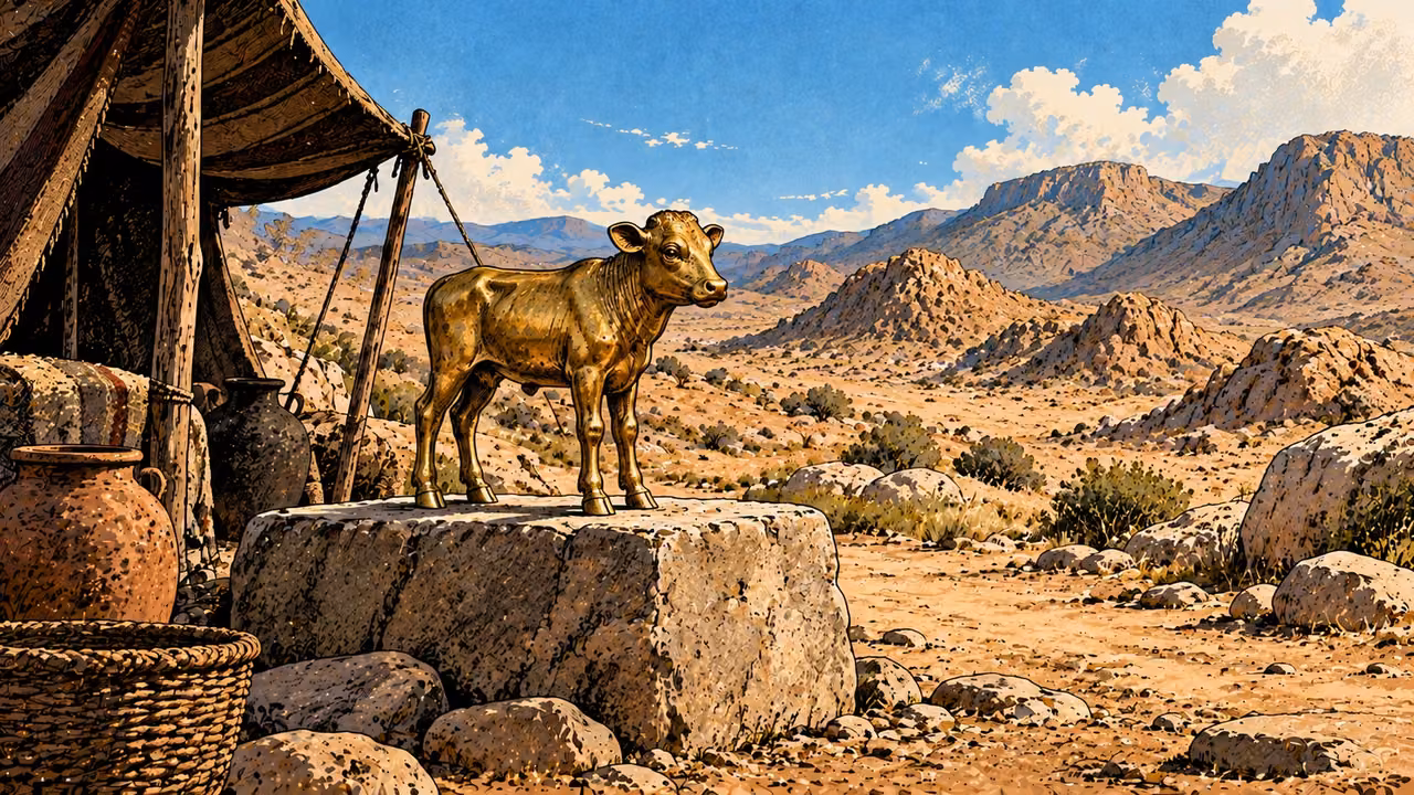 A plain cast-metal calf stands on a low stone support beside a wilderness tent.