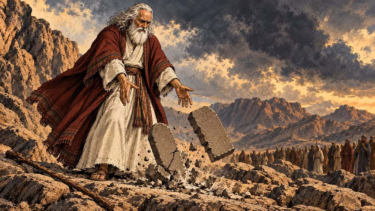 Moses releases the two tablets downward as stone cracks before the witnesses.