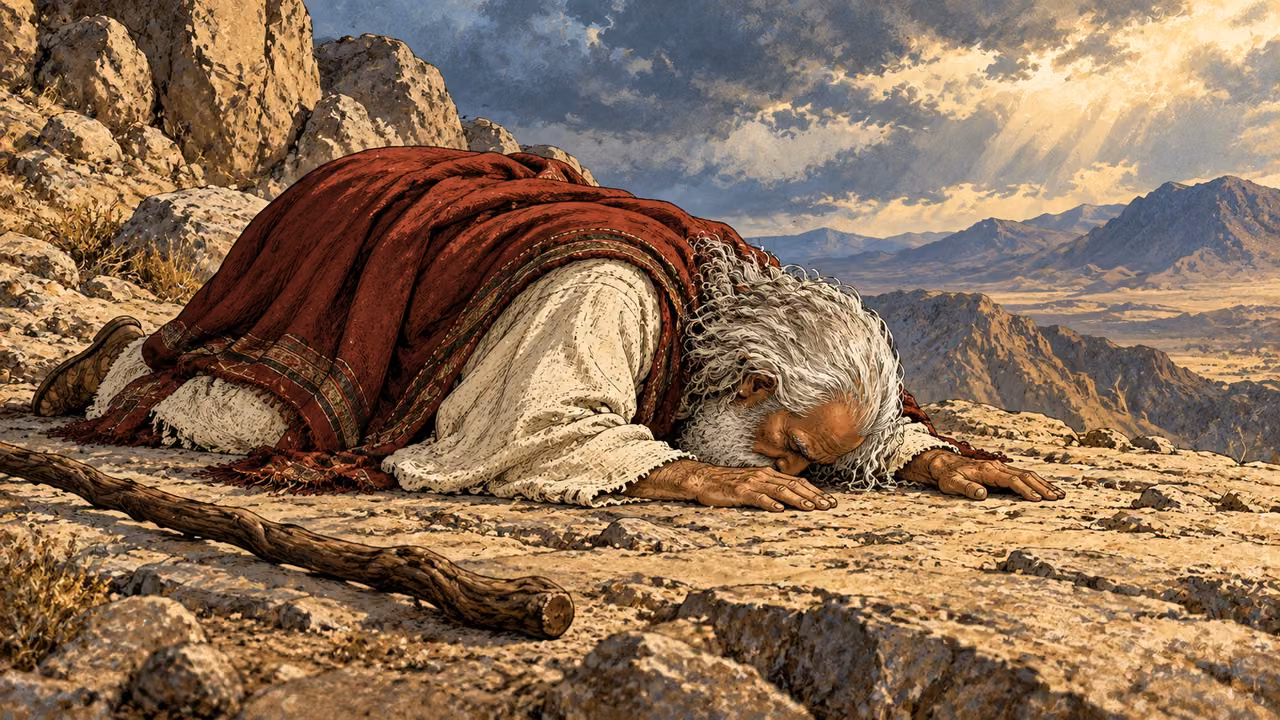 Moses lies prostrate on bare rock with his staff set aside.