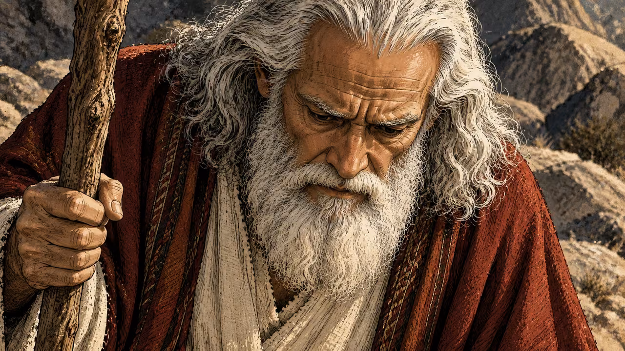 Moses bows his head with worried eyes in mountain shade.