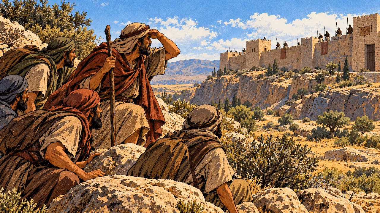 Anonymous travelers look toward a city wall with distant defenders.
