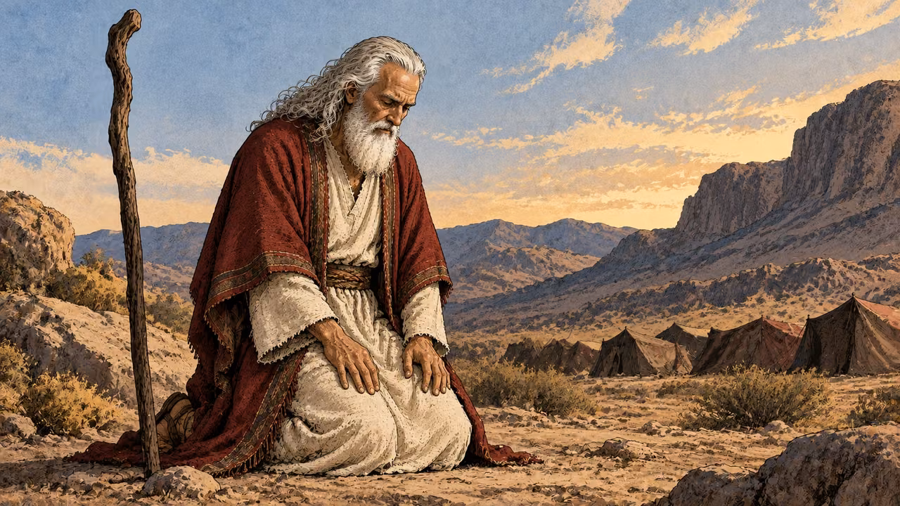 Moses kneels alone with his hands lowered on his knees.