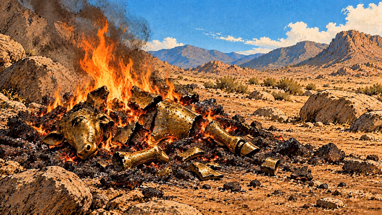 Broken calf fragments lie in a contained fire on bare ground.