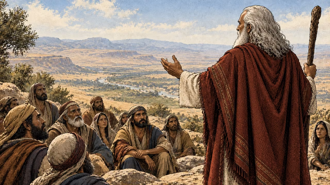 Moses addresses attentive listeners, seen from behind.