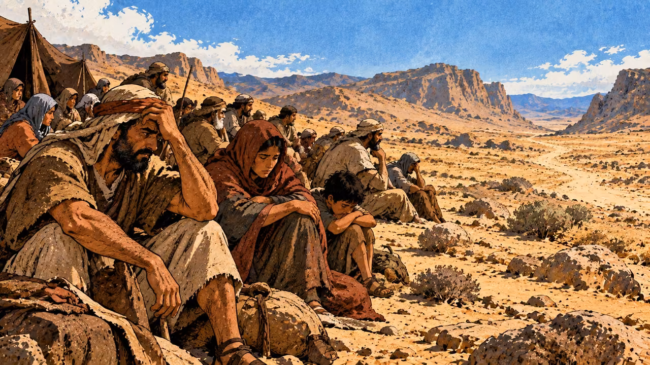 Travelers remain seated at camp beside an unused wilderness path.
