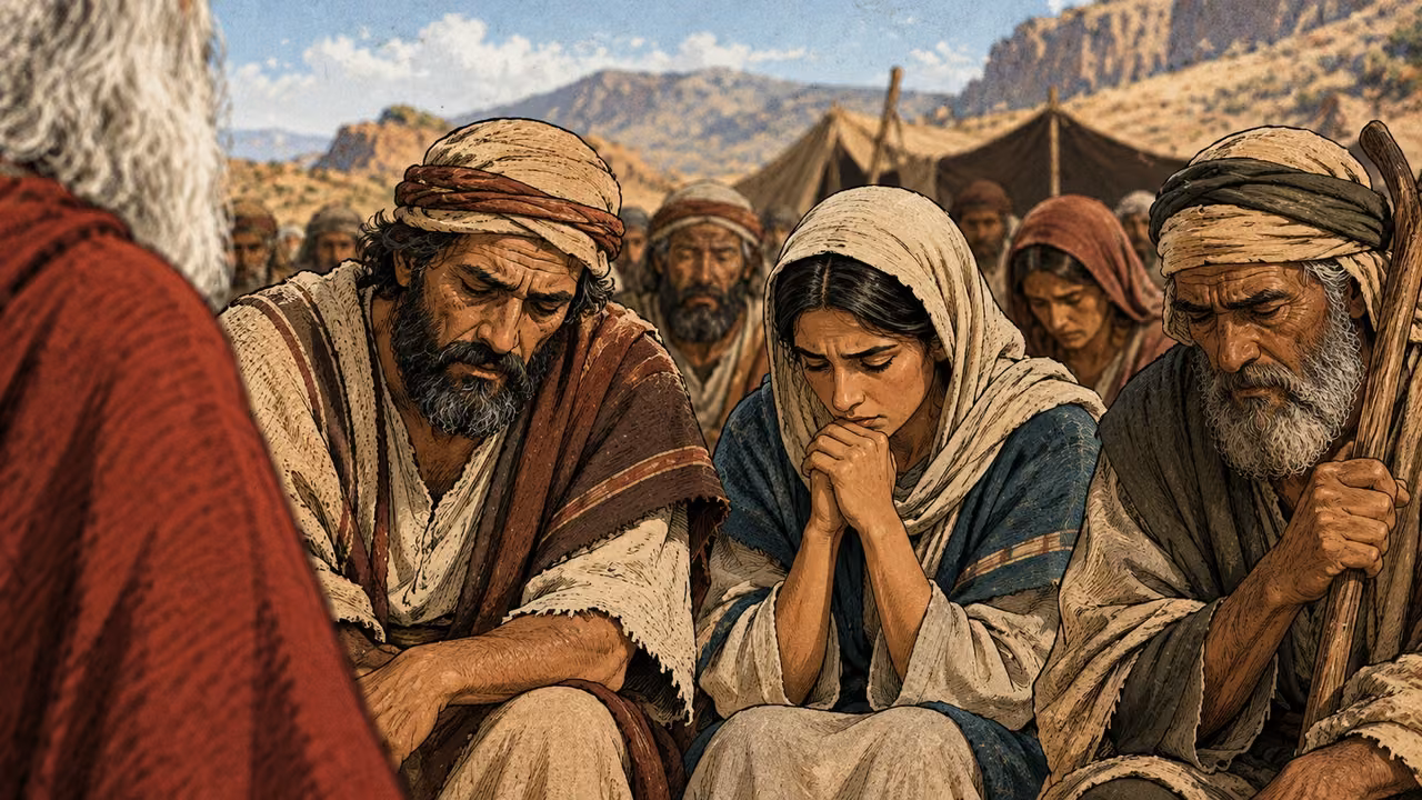 Downcast listeners face Moses, whose mantle is cropped at the edge.