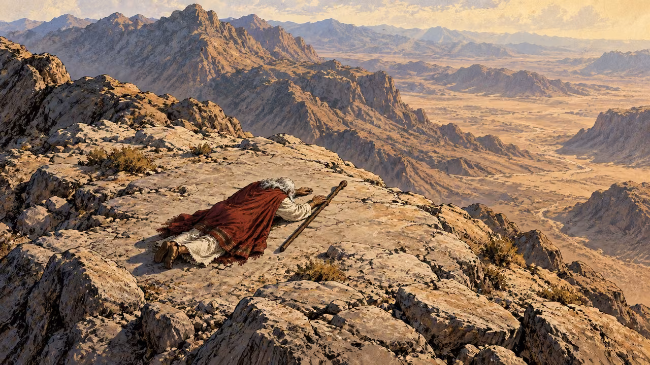 Moses lies prostrate on a broad bare ridge, seen from above.