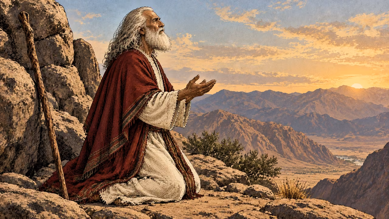Moses kneels in profile with open hands as he prays.