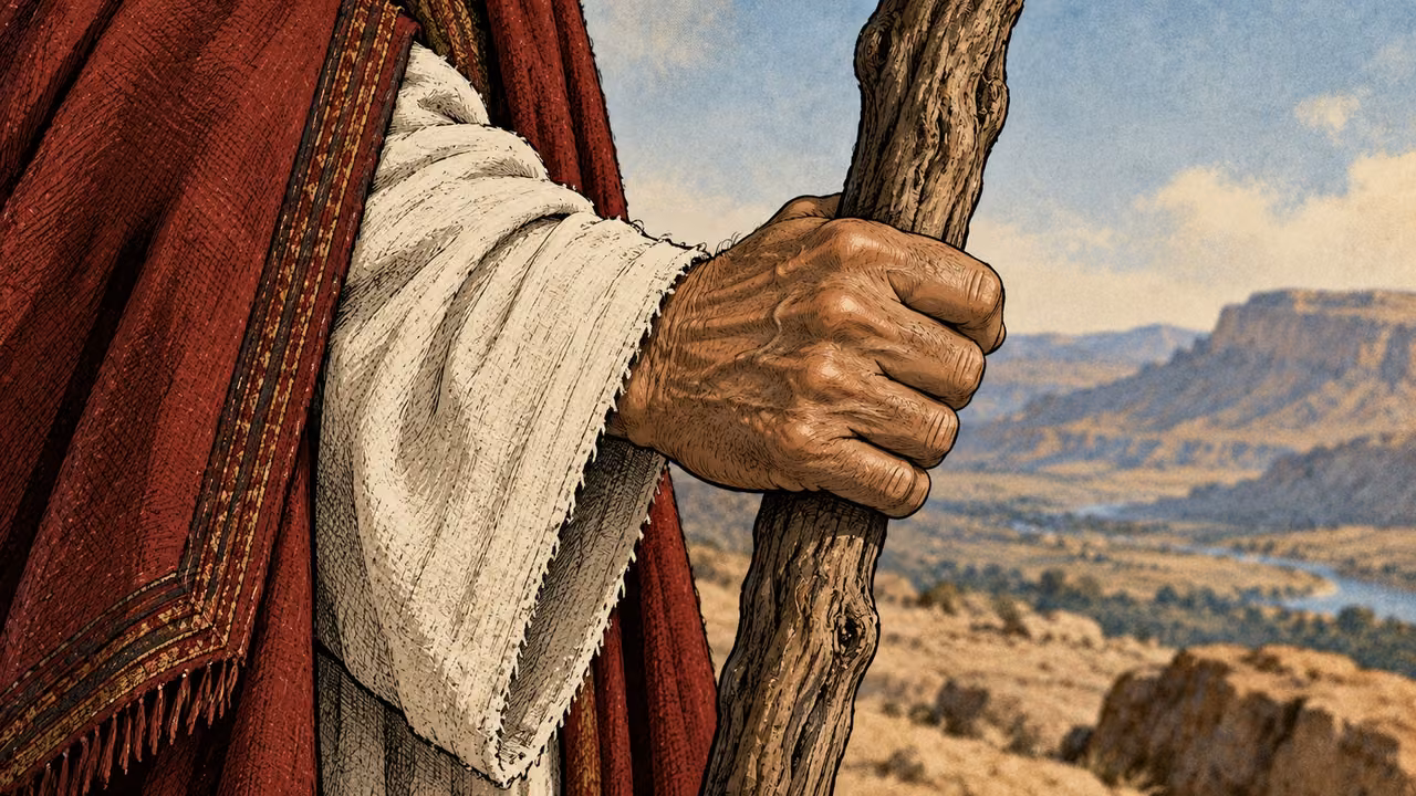 Moses’s hand grips his gnarled staff beside his white sleeve and crimson mantle.