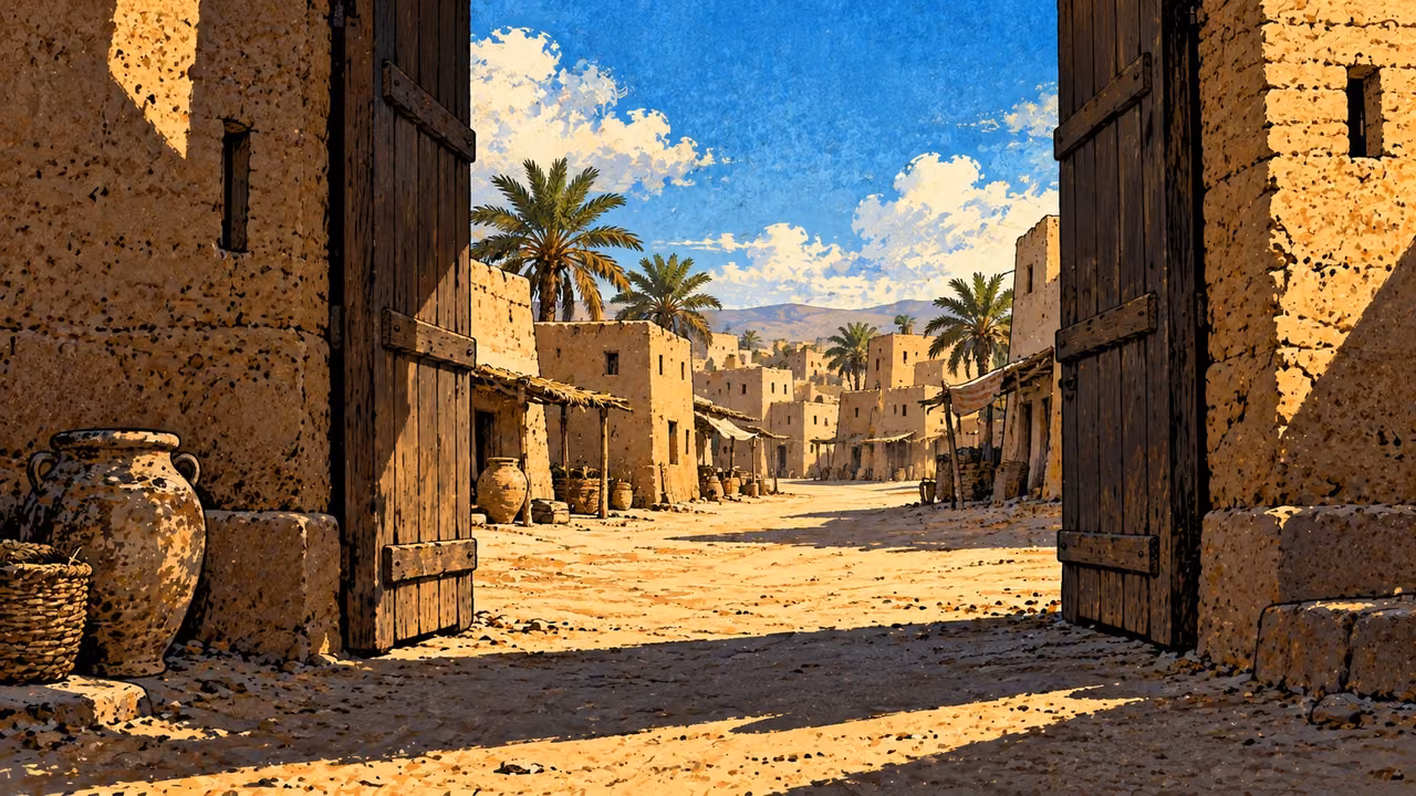 An open mudbrick gate looks onto empty streets and palms.