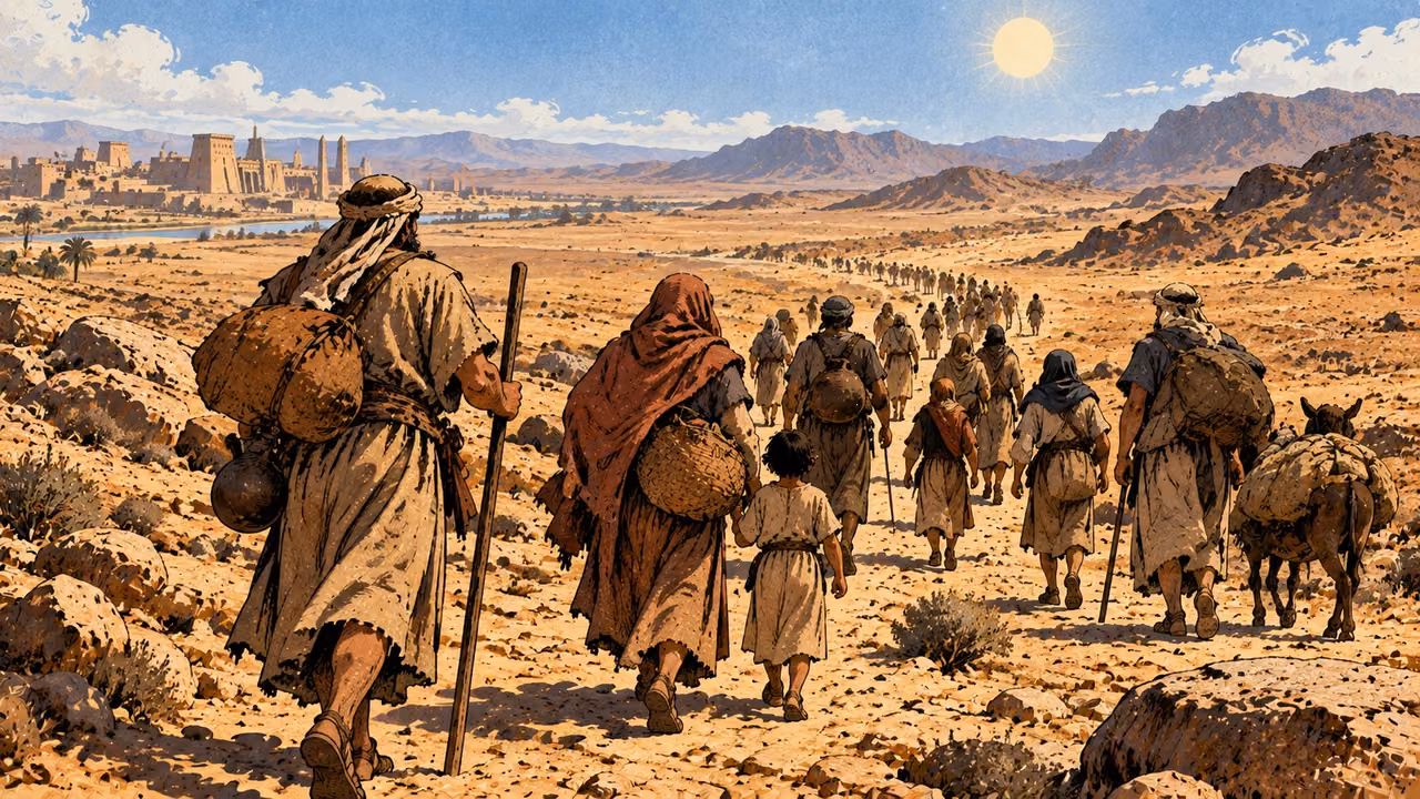 Households walk away from distant Egyptian buildings into open wilderness.
