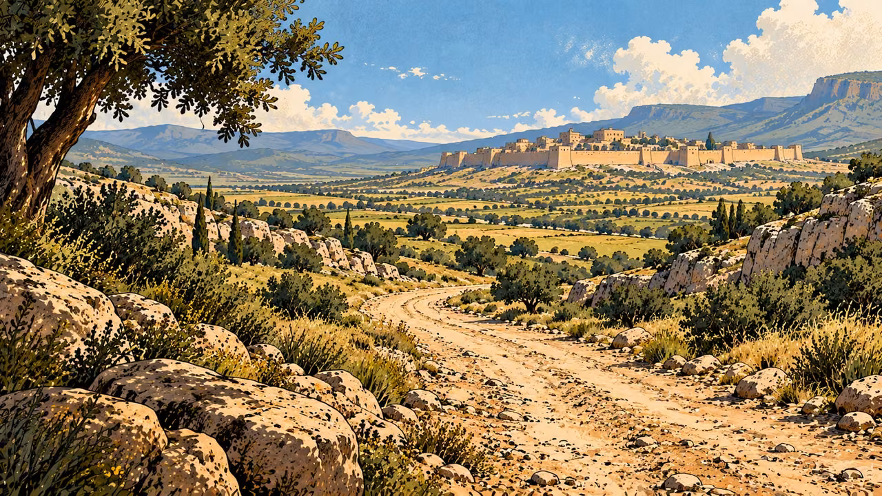 An empty road winds toward a distant fortified settlement.
