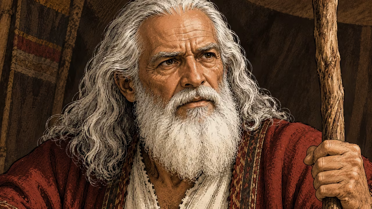 Moses looks soberly toward his listeners in a close shaded portrait.